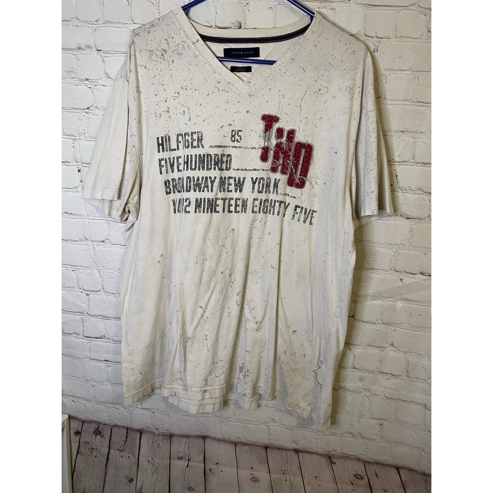 Tommy Hilfiger Spell Out T-shirt Large Hilfiger Denim Embroidered Distressed